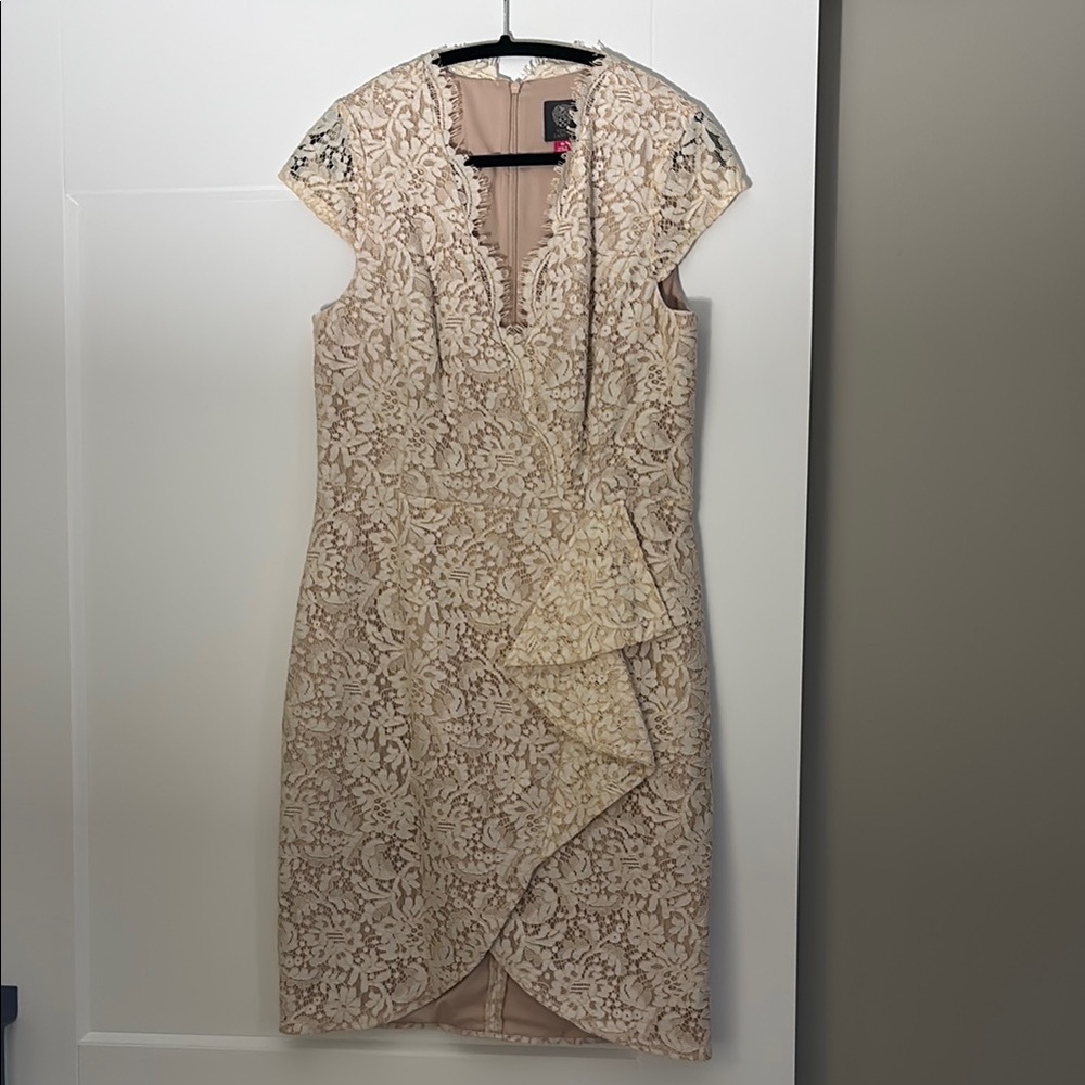 Vince Camuto Cream Sheath Dress with Asymmetrical Ruffle for Cocktail Events